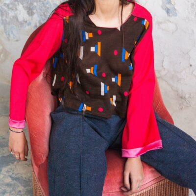 Pink-Arms- Top en jersey de laine et satin